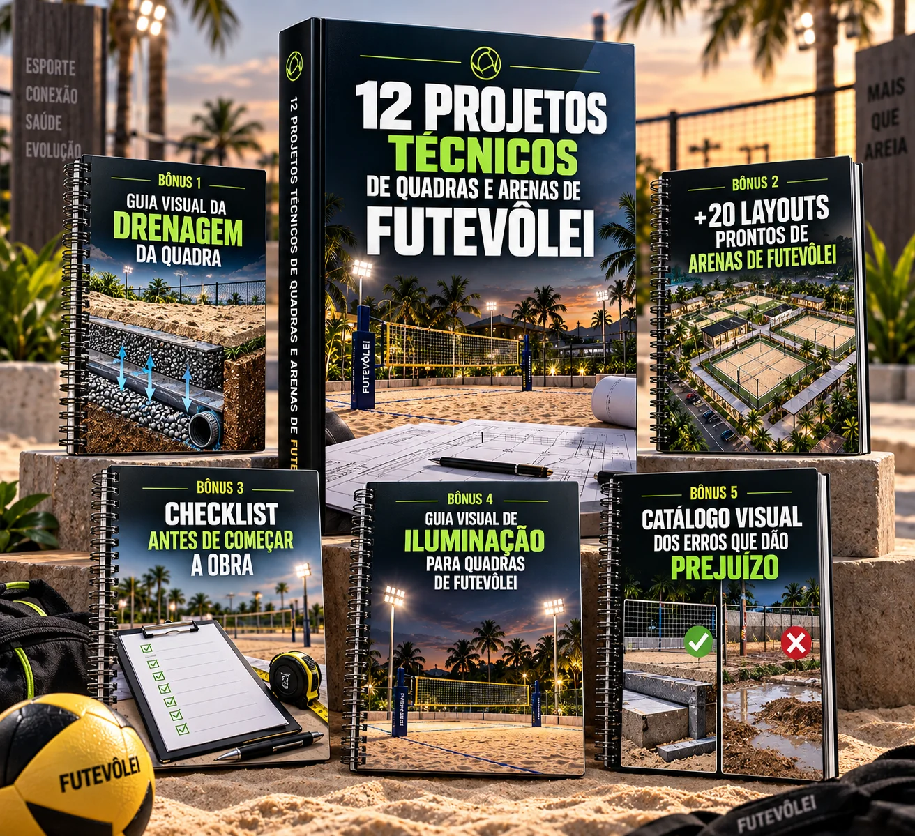 Apresentação ilustrativa do pacote digital com projetos, drenagem, layouts e plantas de quadras de futevôlei